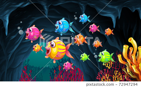 Many exotic fishes cartoon character in the underwater background 72947294