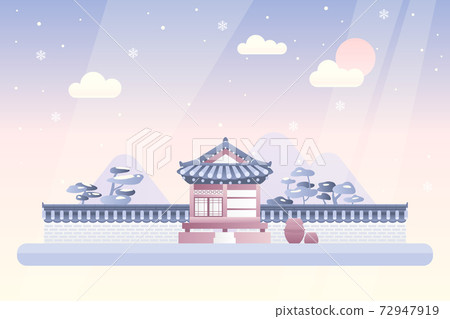 冬季景觀矢量圖和韓國傳統民居 72947919