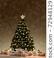 Christmas tree and decoration gift boxes under with bokeh lights snowfall at night 72948129