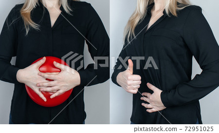 Before and after. In one half of the picture, the woman clasped her swollen belly, and in the second, she shows that the problem is gone. Problems with flatulence, bloating, gastrointestinal tract Before and after. In one half of the picture, the woman clasped her swollen belly, and in the second, she shows that the problem is gone. Problems with flatulence, bloating, gastrointestinal tract 72951025