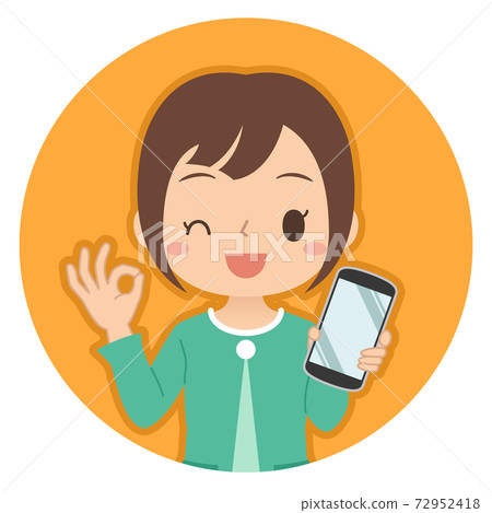 一個女人抱著一個好的跡象的智能手機的插圖圖標 一個女人抱著一個好的跡象的智能手機的插圖圖標 72952418