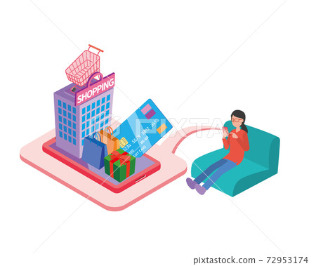 Woman sitting on the couch and shopping online Woman sitting on the couch and shopping online 72953174