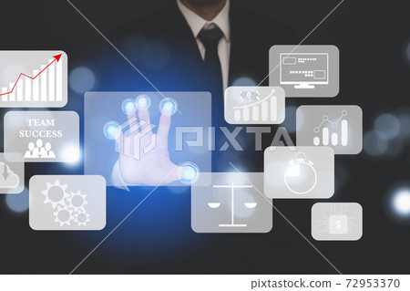 Photo Businessman touchscreen on the graph Screen Icon of a media screen, Technology Process System Business with Communication and marketing concept. 72953370