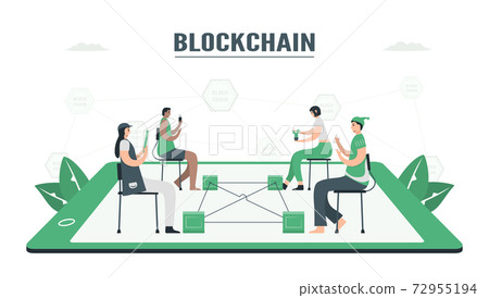 People use blockchain to make database together. This technology can keep secret of datas. E-payment concept. This infographic banner was designed by using vintage green color. 72955194