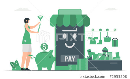 Woman uses smartphone to purchase items with digital money. Payment method with digital money. This infographic banner was designed by using vintage green color. 72955208