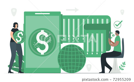 The man uses digital money to buy something from woman. Then, he will get long receipt. Payment method with digital money. This infographic banner was designed by using vintage green color. 72955209