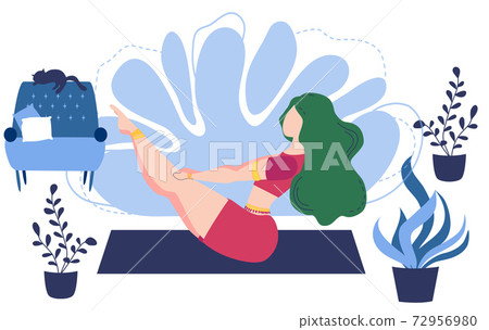Relaxed young woman enjoying rest. Girl meditates. Trendy flat cartoon style. Meditation at Home 72956980