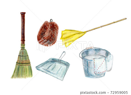 Hand-drawn illustration set of traditional cleaning tools (broom, duster, scrubbing brush, rag, dustpan, bucket) Hand-drawn illustration set of traditional cleaning tools (broom, duster, scrubbing brush, rag, dustpan, bucket) 72959005