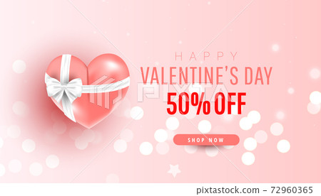Valentine's Day sale horizontal banner. Realistic pink air balloon gift and confetti on pink background. Vector illustration 72960365