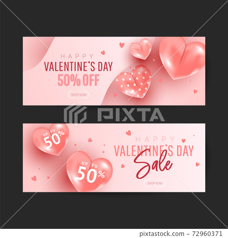 Happy Valentine's Day Romantic creative banners set with realistic 3d bauble love shape and text on pink background. Design template for advertising, web, social media, greeting card Happy Valentine's Day Romantic creative banners set with realistic 3d bauble love shape and text on pink background. Design template for advertising, web, social media, greeting card 72960371