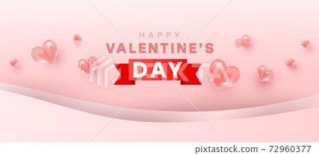 Happy valentine day background design of realistic 3d bauble love shape, red gift ribbon and text. Love is banner. Horizontal minimal poster, greeting card, headers for website Happy valentine day background design of realistic 3d bauble love shape, red gift ribbon and text. Love is banner. Horizontal minimal poster, greeting card, headers for website 72960377