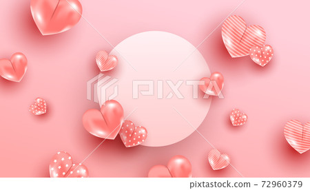 Happy valentines day romantic greeting card with realistic flying pink hearts on pink background. Horizontal poster, flyer, greeting card, header for website 72960379