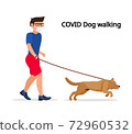Man in white medical protective mask and medical gloves, walking with their dog. Coronavirus quarantine vector illustration. 72960532