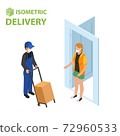 Fast delivery flat isometric vector concept. The Courier stays with the parcel near the door and gives the parcel to the customer. 72960533