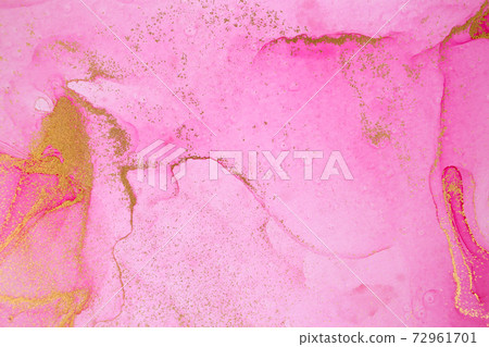 Alcohol ink pink and gold abstract stains background. Drops watercolor transparent texture. Alcohol ink pink and gold abstract stains background. Drops watercolor transparent texture. 72961701