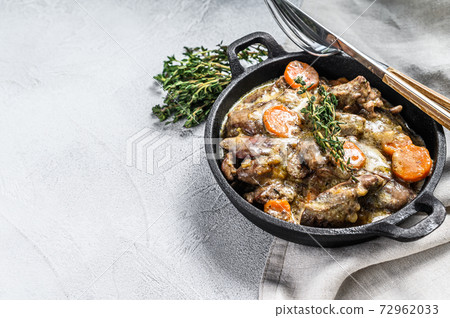Stroganoff chicken liver with mushrooms and cream. White background. Top view. Copy space 72962033