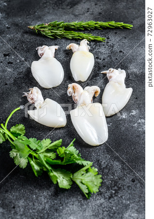 Fresh raw cuttlefish with rosemary and parsley. Black background. Top view 72963027