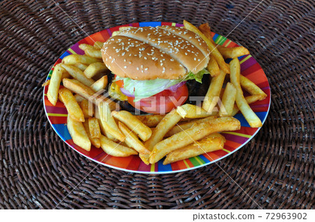 beef cheeseburger and french fries beef cheeseburger and french fries 72963902