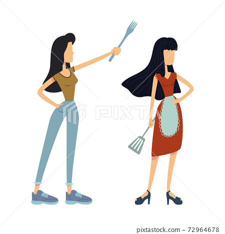 Housewives with kitchen utensils flat cartoon... - Stock Illustration  [72964678] - PIXTA