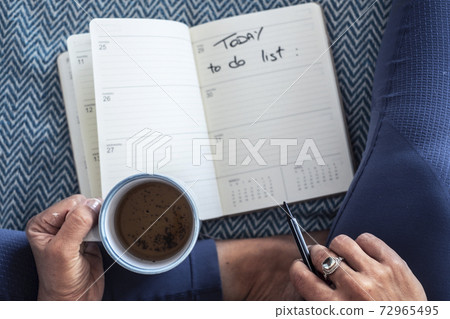 Above view of woman relaxing at home with tea drink while start to write the to do list - concept of change and project for future for people who want to change lifestyle Above view of woman relaxing at home with tea drink while start to write the to do list - concept of change and project for future for people who want to change lifestyle 72965495