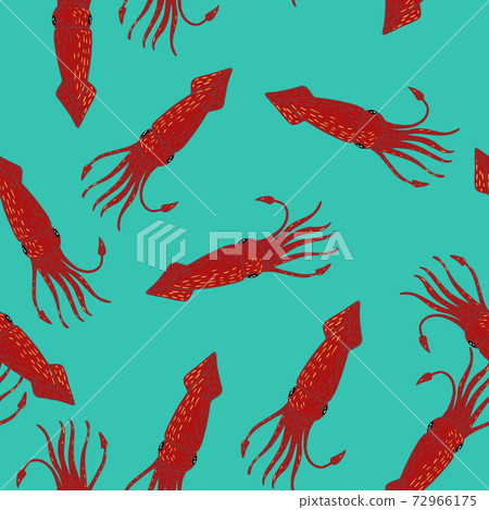 Seamless random pattern with bright red squids silhouettes. Blue bright background. 72966175