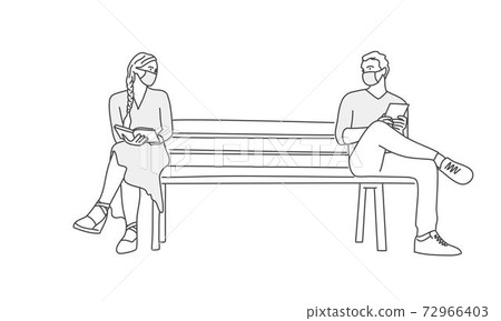 People in a protective mask on a bench.  72966403