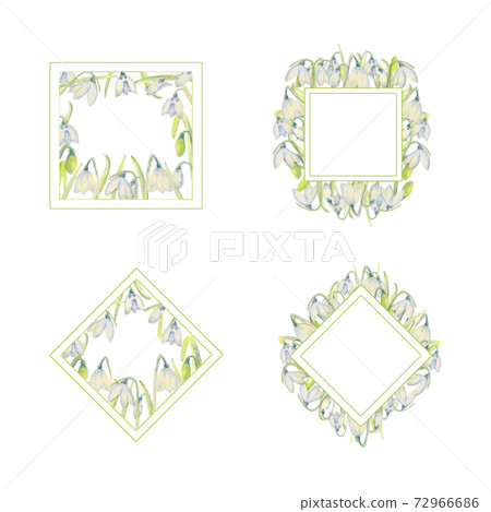 A set of romantic spring frames with snowdrops on the outer and inner edges on a white isolated background. Diamond-shaped and square frames. 72966686