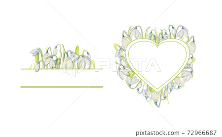 Set of romantic spring frames with snowdrops on the outer edge on a white isolated background. Watercolor painting. Set of romantic spring frames with snowdrops on the outer edge on a white isolated background. Watercolor painting. 72966687