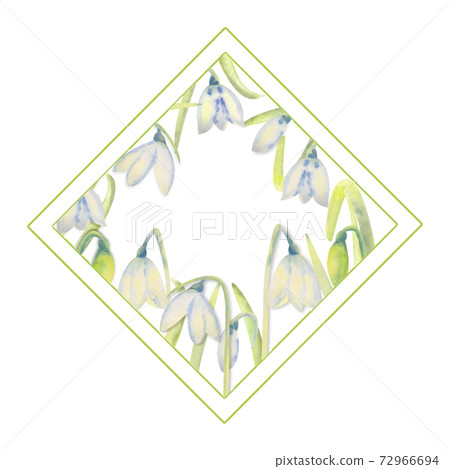 Romantic spring frame with snowdrops on the outside edge on a white isolated background. Watercolor painting. Romantic spring frame with snowdrops on the outside edge on a white isolated background. Watercolor painting. 72966694