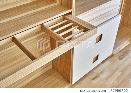 Modern wardrobe with slide out rack for coathangers. Detail of modern furniture 72966705