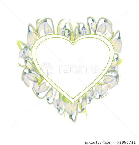 Romantic spring frame with snowdrops on the outer edge on a white isolated background. Watercolor painting. 72966711