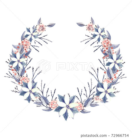 Winter wreath with red and white flowers, berries, snow-like, sharp-faced and decorative twigs. Watercolor illustration Winter wreath with red and white flowers, berries, snow-like, sharp-faced and decorative twigs. Watercolor illustration 72966754