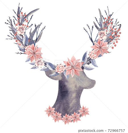 Deer antlers decorated with flowers, berries, sprigs of snow-like. Watercolor illustration 72966757