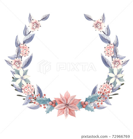 Winter wreath with red and white flowers, berries, snow-like, sharp-faced and decorative twigs. Watercolor illustration Winter wreath with red and white flowers, berries, snow-like, sharp-faced and decorative twigs. Watercolor illustration 72966769