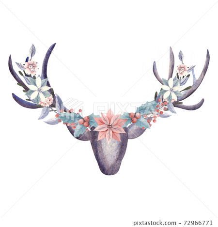 Deer antlers decorated with flowers, berries, sprigs of snow-like. Watercolor illustration Deer antlers decorated with flowers, berries, sprigs of snow-like. Watercolor illustration 72966771