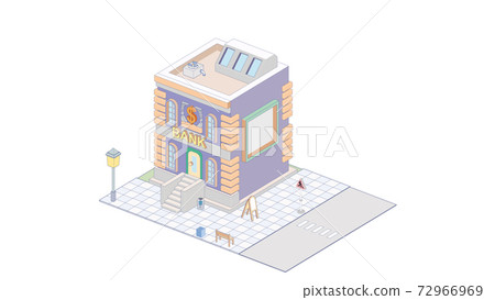 Vector isometric icon or infographic element representing bank building with bank services advertising sign Vector isometric icon or infographic element representing bank building with bank services advertising sign 72966969