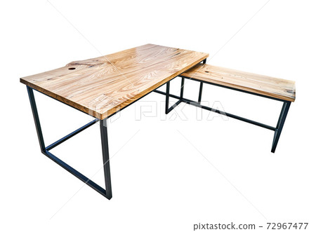 Live edge elm desk with metal base on white background 72967477
