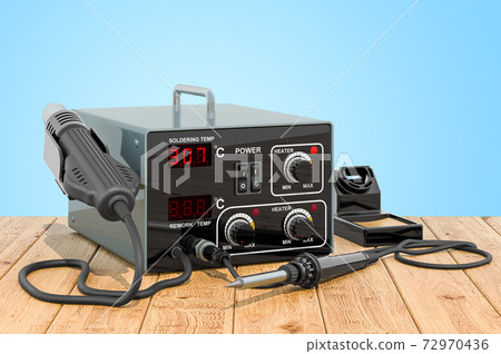 Digital Soldering Station on the wooden planks, 3D rendering 72970436