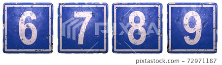Set of public road sign in blue color with a white numbers 6, 7, 8, 9 in the center isolated white background. 3d Set of public road sign in blue color with a white numbers 6, 7, 8, 9 in the center isolated white background. 3d 72971187