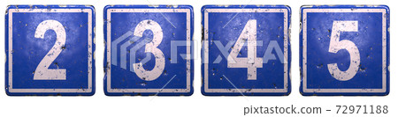 Set of public road sign in blue color with a white numbers 2, 3, 4, 5 in the center isolated white background. 3d Set of public road sign in blue color with a white numbers 2, 3, 4, 5 in the center isolated white background. 3d 72971188