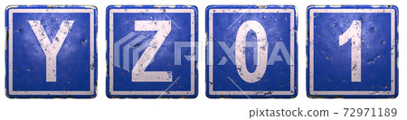 Set of public road sign in blue color with a capital white letters Y, Z and number 0, 1 in the center isolated of white background. 3d 72971189