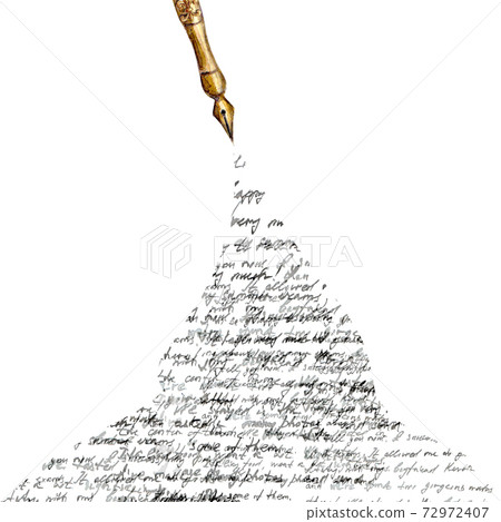 Vintage style fountain pen with spilled ink with black abstract text on white background Vintage style fountain pen with spilled ink with black abstract text on white background 72972407