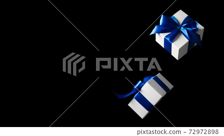Discount background. White gifts with blue bow falling on black background for Black Friday banner. Flying backdrop with space for text. Discount background. White gifts with blue bow falling on black background for Black Friday banner. Flying backdrop with space for text. 72972898
