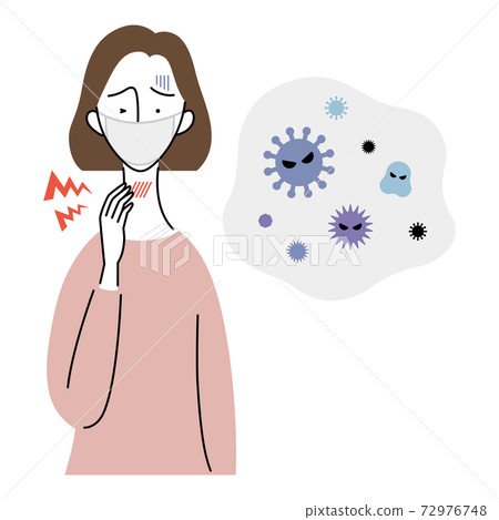 A woman who feels pain in her throat due to a cold (wearing a mask) 72976748