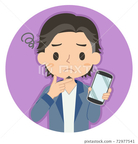 一個人拿著一張智能手機,一張擔心的臉的插圖圖標 一個人拿著一張智能手機,一張擔心的臉的插圖圖標 72977541