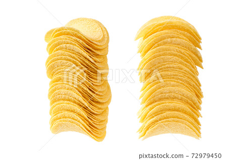 tower of crispy potato chips, bunch of potato chips isolated on a white background. tower of crispy potato chips, bunch of potato chips isolated on a white background. 72979450