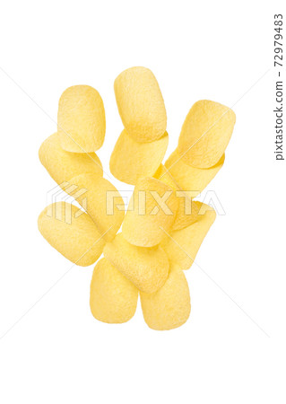 Potato chips falling isolated on white background with clipping path. Potato chips falling isolated on white background with clipping path. 72979483