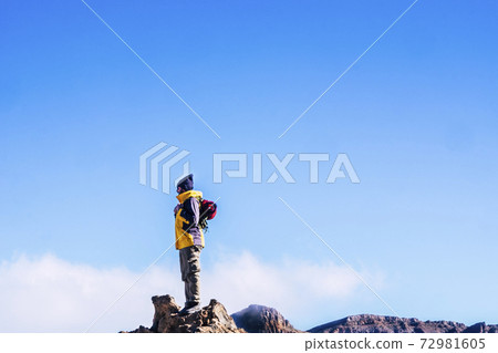 People enjoying the outdoor leisure ativity with sport hiking lifestyle - man standing on the top of the mountains looking at the blue sky - clear background success and travel concept People enjoying the outdoor leisure ativity with sport hiking lifestyle - man standing on the top of the mountains looking at the blue sky - clear background success and travel concept 72981605