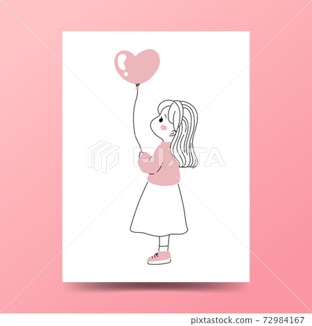 Cute girl holding a heart shaped balloon. Pink... - Stock Illustration ...