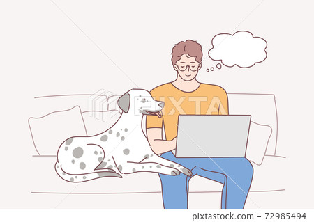 Online communication, spending time with pet together concept Online communication, spending time with pet together concept 72985494